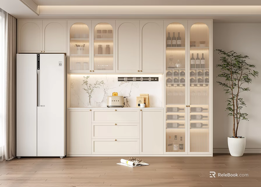Modern White Wine Cabinet with Glass Doors and Wine Bottles in Kitchen Interior 3d model 