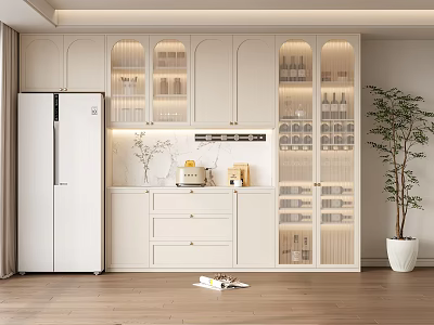 Modern White Wine Cabinet with Glass Doors and Wine Bottles in Kitchen Interior 3d model