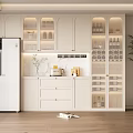 Modern White Wine Cabinet with Glass Doors and Wine Bottles in Kitchen Interior