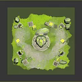 Cartoon Scene With Stone Statues Ancient Columns Central Head Sculpture And Green Grass