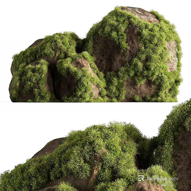 Natural Stone And Wood Decor Elements With Lush Green Moss Cover 3d model 