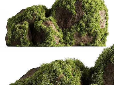Natural Stone And Wood Decor Elements With Lush Green Moss Cover 3d model