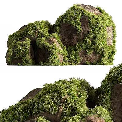 Natural Stone And Wood Decor Elements With Lush Green Moss Cover 3d model