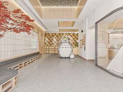 Kindergarten Interior With Cartoon Figure Wooden Ceiling And Red Tree 3d model