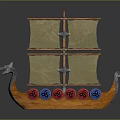Detailed Wooden Viking Ship With Tan Sails Dragon Head Prow And Colorful Hull Decorations