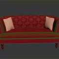Red Quilted Sofa With White Cushions Nailhead Trim And Wooden Legs