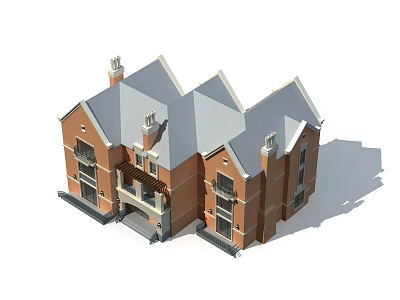 Traditional Red Brick Detached Villa With Gabled Roofs And Chimneys 3d model