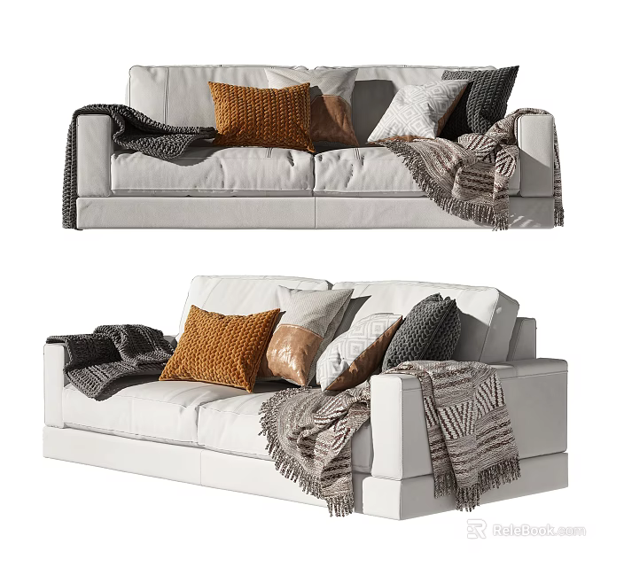 Cozy White Two Seater Sofa with Decorative Orange Gray Pillows and Blankets 3d model 