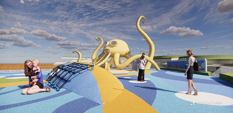 Outdoor Octopus Shaped Playground Equipment With Blue Yellow Flooring And Climbing Structure 3d model 