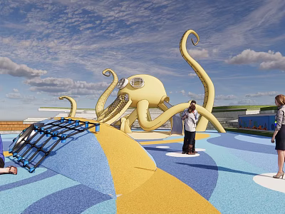 Outdoor Octopus Shaped Playground Equipment With Blue Yellow Flooring And Climbing Structure 3d model