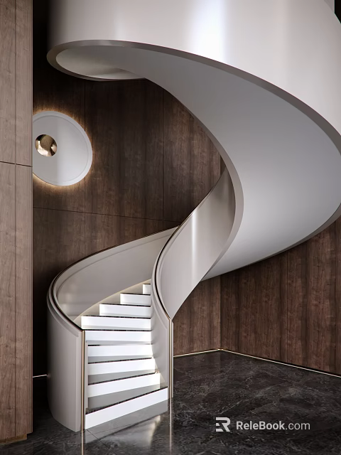 Modern Spiral Staircase Design With Dark Wood Wall And Round Lighting 3d model 