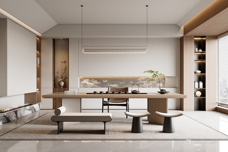 Modern Tea Room Interior With Long Wooden Table Stools And Decorative Painting 3d model 