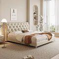 Cozy Bedroom Interior Featuring Tufted Beige Headboard White Bedsheets Brown Blanket Nightstand And Table Lamp