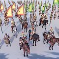 Game Movie Characters As Ancient Armored Soldiers With Mounted Generals Fluttering Flags In Blue Sky