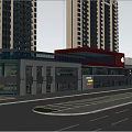 Modern Commercial Street with High Rise Buildings Glass Curtain Walls Pedestrians and Shops
