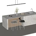 Modern Bar Counter With Marble Top Sink Plant Magazines Hanging Light And Two Stools