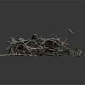 Natural Pile of Twigs with Stones and Dead Leaves on Dark Background