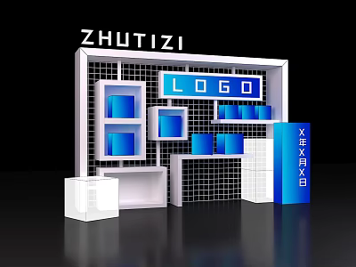 Zhutizi Themed Photo Check In Spot With Logo Display Blue Shelves And Grid Background 3d model