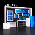 Zhutizi Themed Photo Check In Spot With Logo Display Blue Shelves And Grid Background