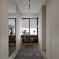 Modern Living and Dining Room Interior With Sofa Coffee Table Bookshelves Floor to Ceiling Windows