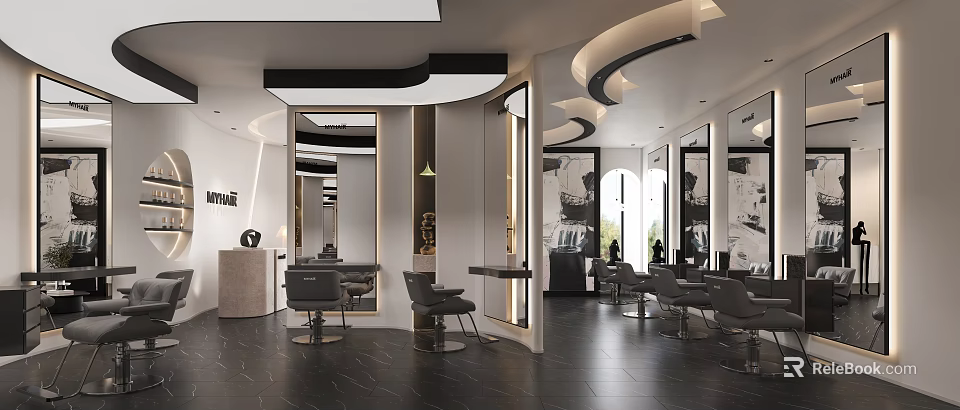 Modern Luxury Hair Salon Interior Design Featuring Professional Styling Chairs And Soft Curved Ambient Lighting 3d model 