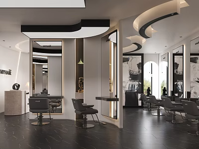 Modern Luxury Hair Salon Interior Design Featuring Professional Styling Chairs And Soft Curved Ambient Lighting 3d model