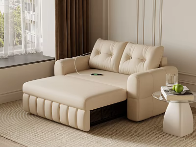 Beige Modern Single Sofa with Side Table Fruits Glass and Brown Curtains 3d model