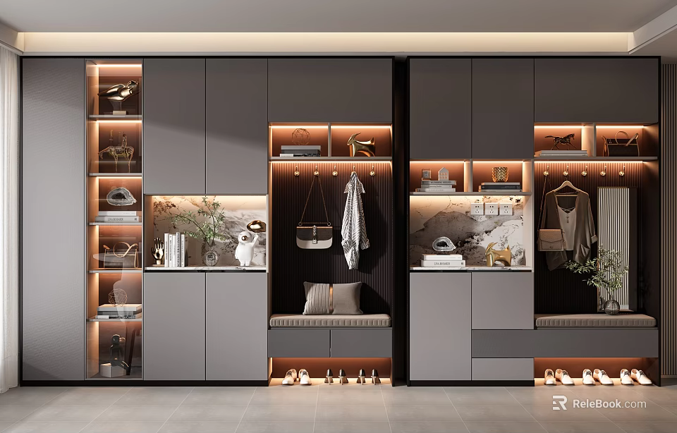 Modern Elegant Shoe Cabinet With Hanging Area Mirror Storage Compartments And Lighting Design 3d model 