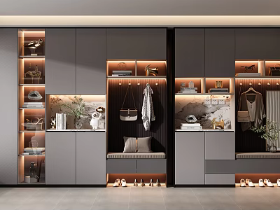 Modern Elegant Shoe Cabinet With Hanging Area Mirror Storage Compartments And Lighting Design 3d model