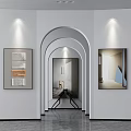 Modern Art Gallery Interior With Archway Wall Paintings And Ceiling Lights 3d model