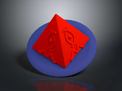 Red Pyramid Shaped Object Placed On Blue Circular Plate With Patterns 3d model