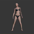 Bald Woman Wearing Green Bikini With Arm Tattoo on Reflective Floor Against Gray Background