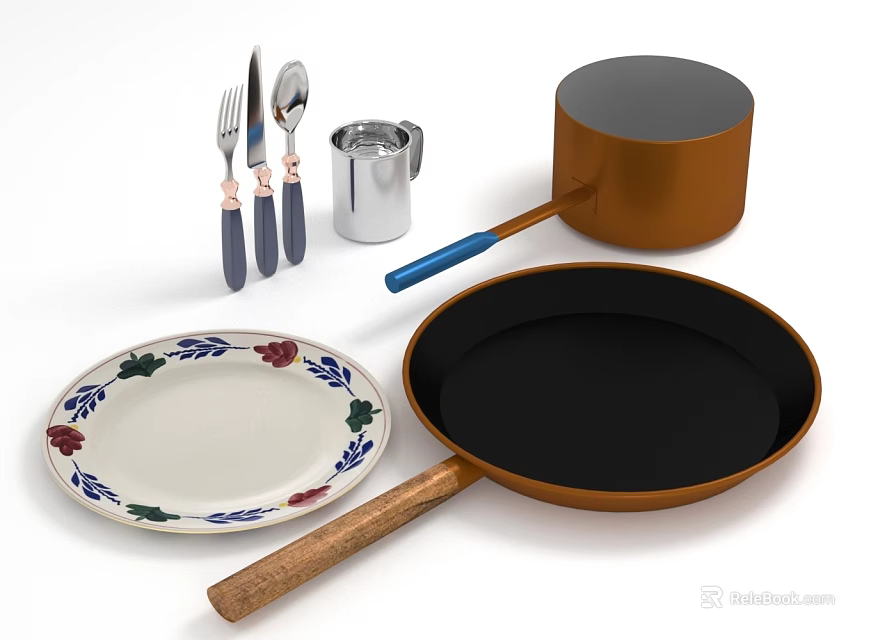 Essential Kitchen Utensils Including Floral Plate Frying Pan And Cutlery Set 3d model 
