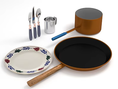 Essential Kitchen Utensils Including Floral Plate Frying Pan And Cutlery Set 3d model