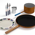 Essential Kitchen Utensils Including Floral Plate Frying Pan And Cutlery Set
