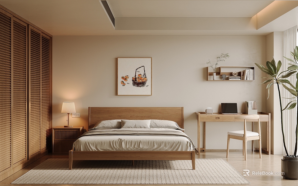 Modern Bedroom With Wooden Bed Frame Beige Bedding Nightstand Lamp Wall Painting Desk And Chair 3d model 