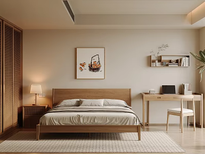 Modern Bedroom With Wooden Bed Frame Beige Bedding Nightstand Lamp Wall Painting Desk And Chair 3d model