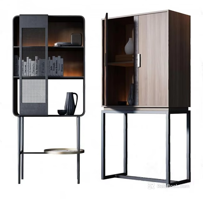Modern Entryway Cabinet And Side Cabinet With Wooden Doors Metal Frame Open Shelves Storage 3d model 
