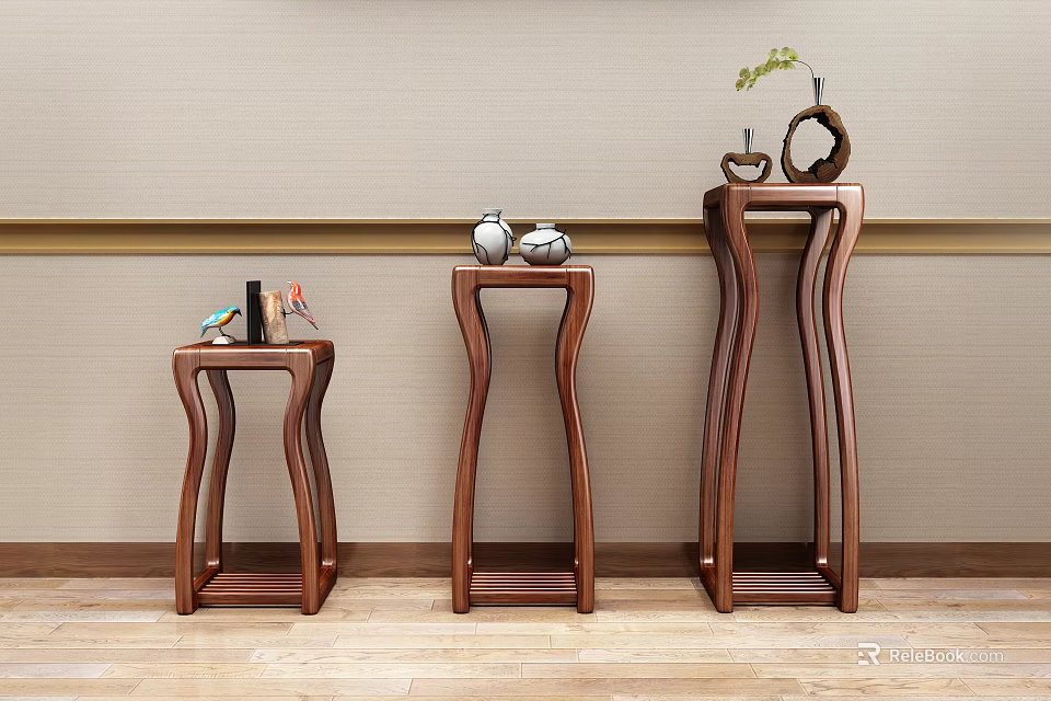 Three Elegant Wooden Plant Stands With Curved Design And Decorative Ornaments 3d model 