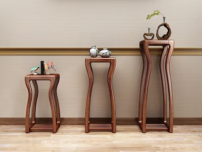 Three Elegant Wooden Plant Stands With Curved Design And Decorative Ornaments 3d model