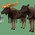 Group of Moose with Various Sizes Different Colors and Yellow Dark Antlers on Green Background