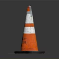 Orange And White Striped Traffic Cone With Black Base And Worn Texture On Gray Background