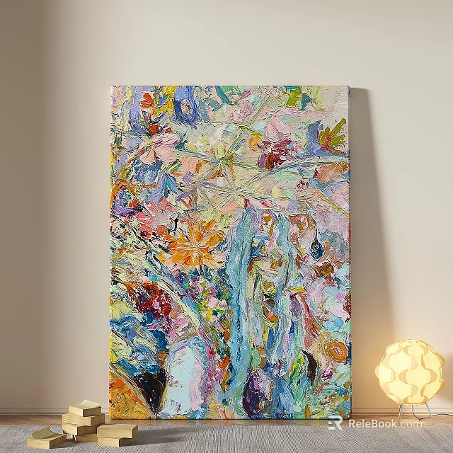 Vibrant Abstract Oil Painting With Colorful Floral Motifs And Textured Impasto Brushstrokes 3d model 