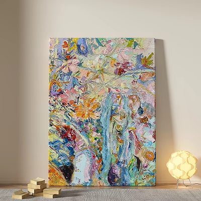 Vibrant Abstract Oil Painting With Colorful Floral Motifs And Textured Impasto Brushstrokes 3d model