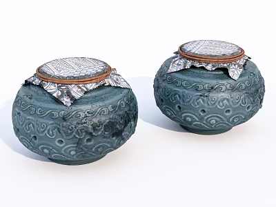Teal Ceramic Vessels With Carved Patterns And Silver Patterned Lids Brown Trim 3d model