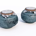 Teal Ceramic Vessels With Carved Patterns And Silver Patterned Lids Brown Trim 3d model