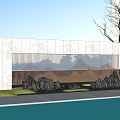 Outdoor Scenic Wall Design With Gray Surface Brown Grid Black Rockery And Water Pool