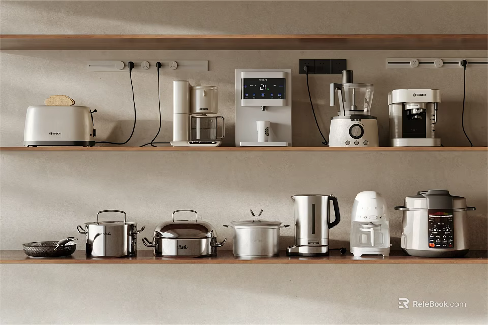 Organized Kitchen Shelves Displaying Toaster Coffee Maker Blender Rice Cooker And Pots 3d model 
