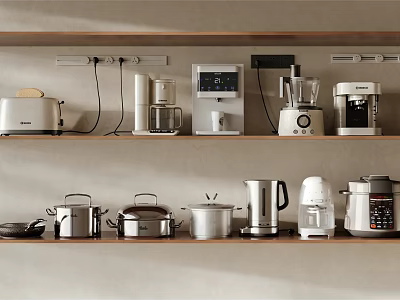 Organized Kitchen Shelves Displaying Toaster Coffee Maker Blender Rice Cooker And Pots 3d model