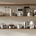 Organized Kitchen Shelves Displaying Toaster Coffee Maker Blender Rice Cooker And Pots